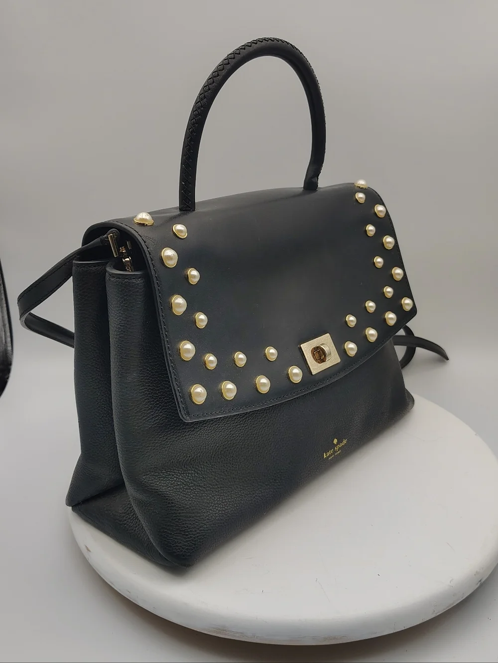 Kate Spade Pearl-Stud Embellished Leather Shoulder/Crossbody Bag In Black